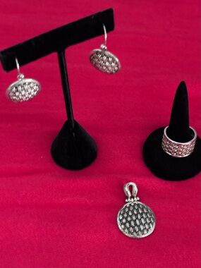 925 Sterling Silver Artisan Basket Weave Jewelry Set – Ring, Earrings & Pendant